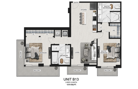 Floor plan for 2 beds, 2 baths, 1210 sqft